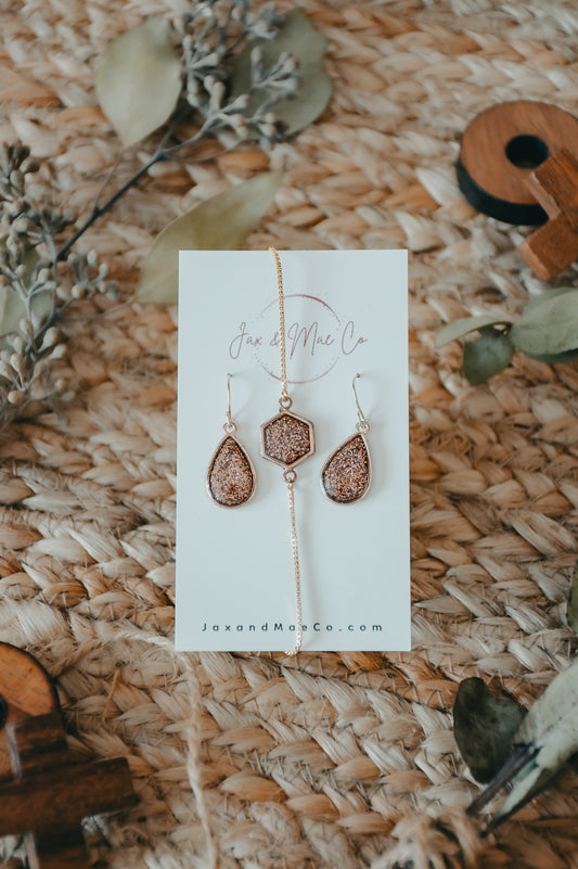 Glittering Rose Gold Druzy Jewelry Set